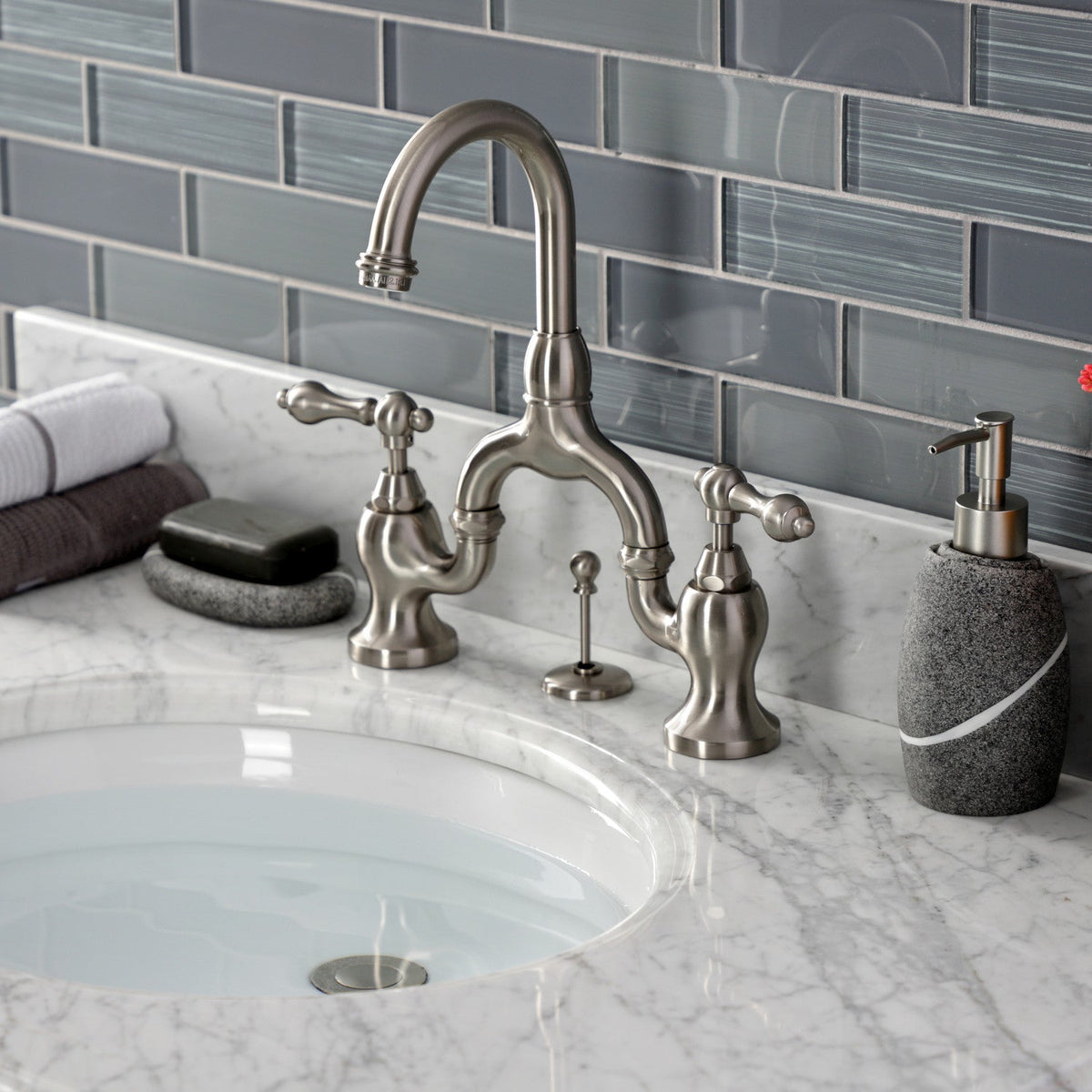 English Country Bridge Bathroom Faucet with Brass Pop-Up in Brushed Nickel