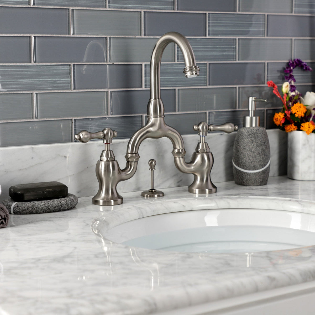 English Country Bridge Bathroom Faucet with Brass Pop-Up in Brushed Nickel