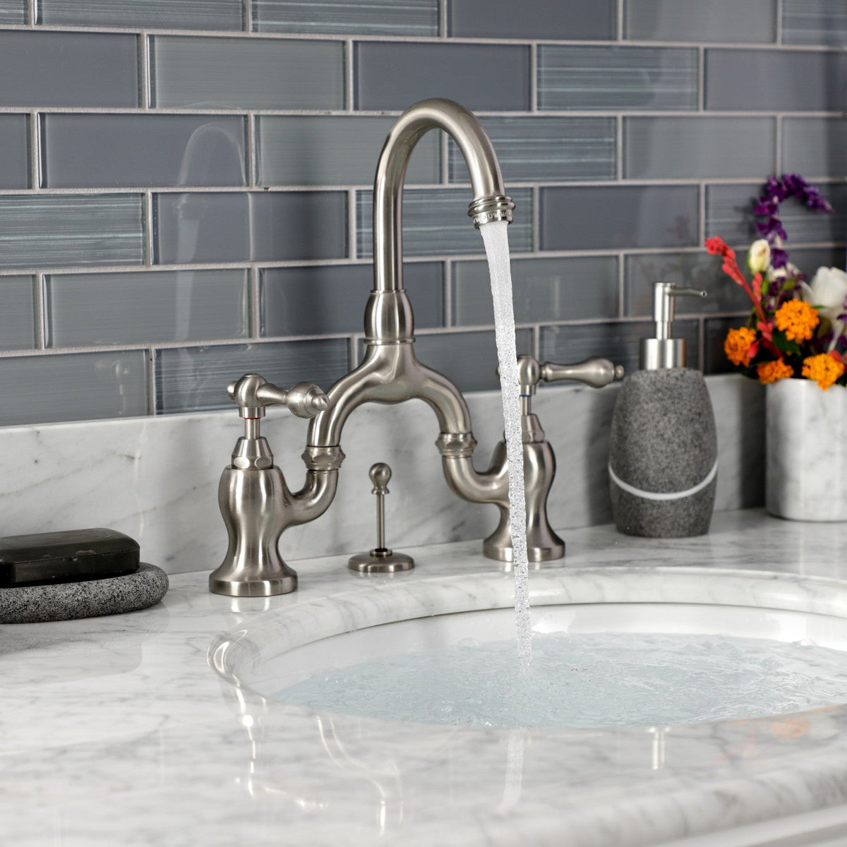 English Country Bridge Bathroom Faucet with Brass Pop-Up in Brushed Nickel