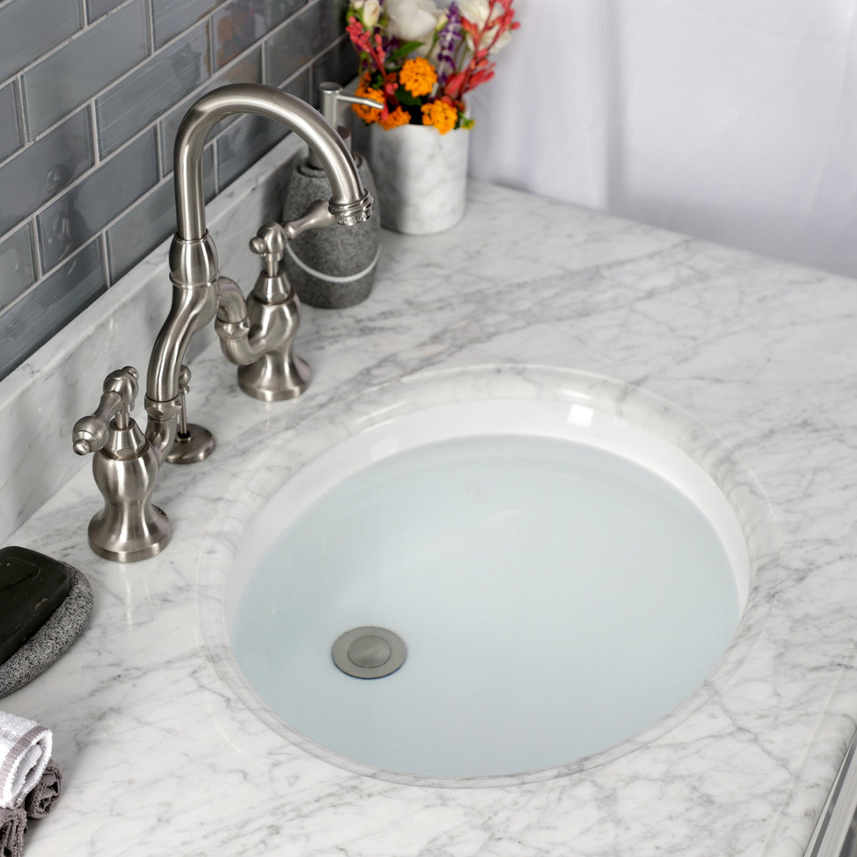 English Country Bridge Bathroom Faucet with Brass Pop-Up in Brushed Nickel