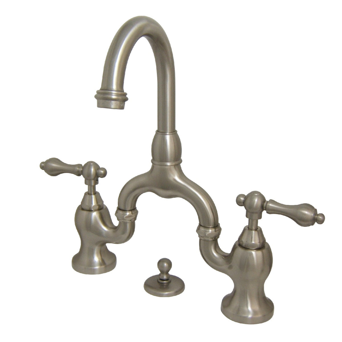 English Country Bridge Bathroom Faucet with Brass Pop-Up in Brushed Nickel