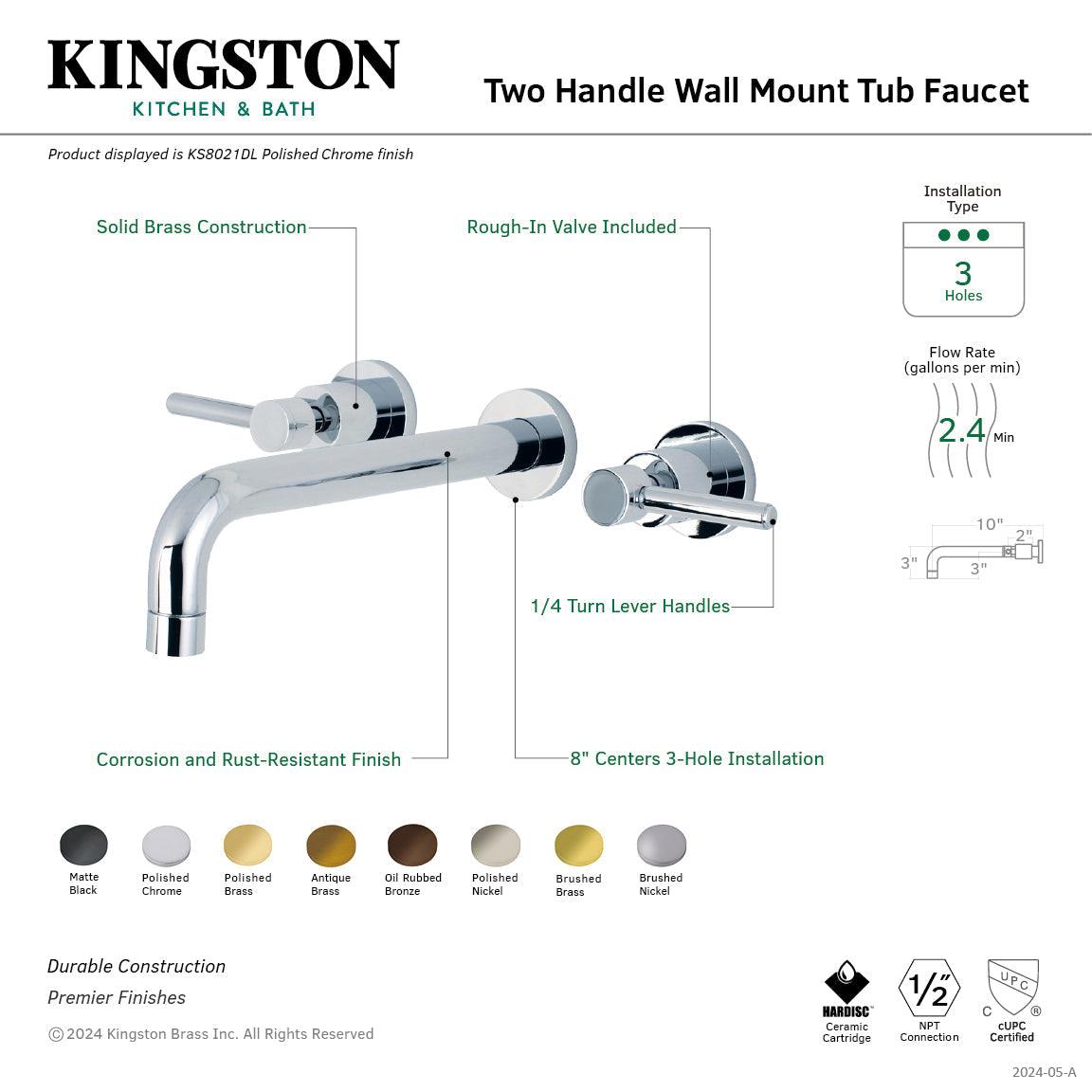 Concord Two-Handle Wall Mount Roman Tub Faucet in Brushed Brass