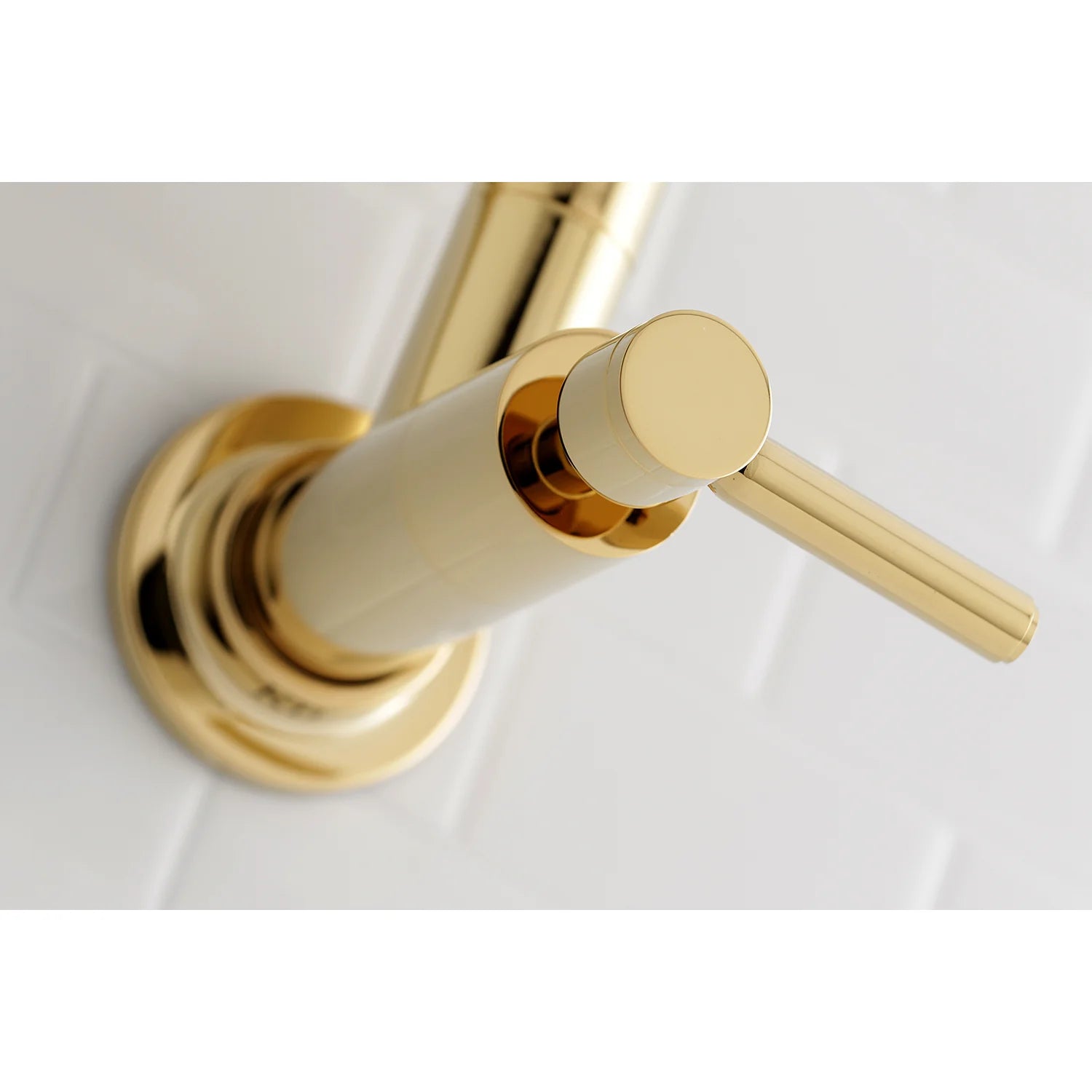 Polished brass wall-mount pot filler faucet with single lever handle and angled spout