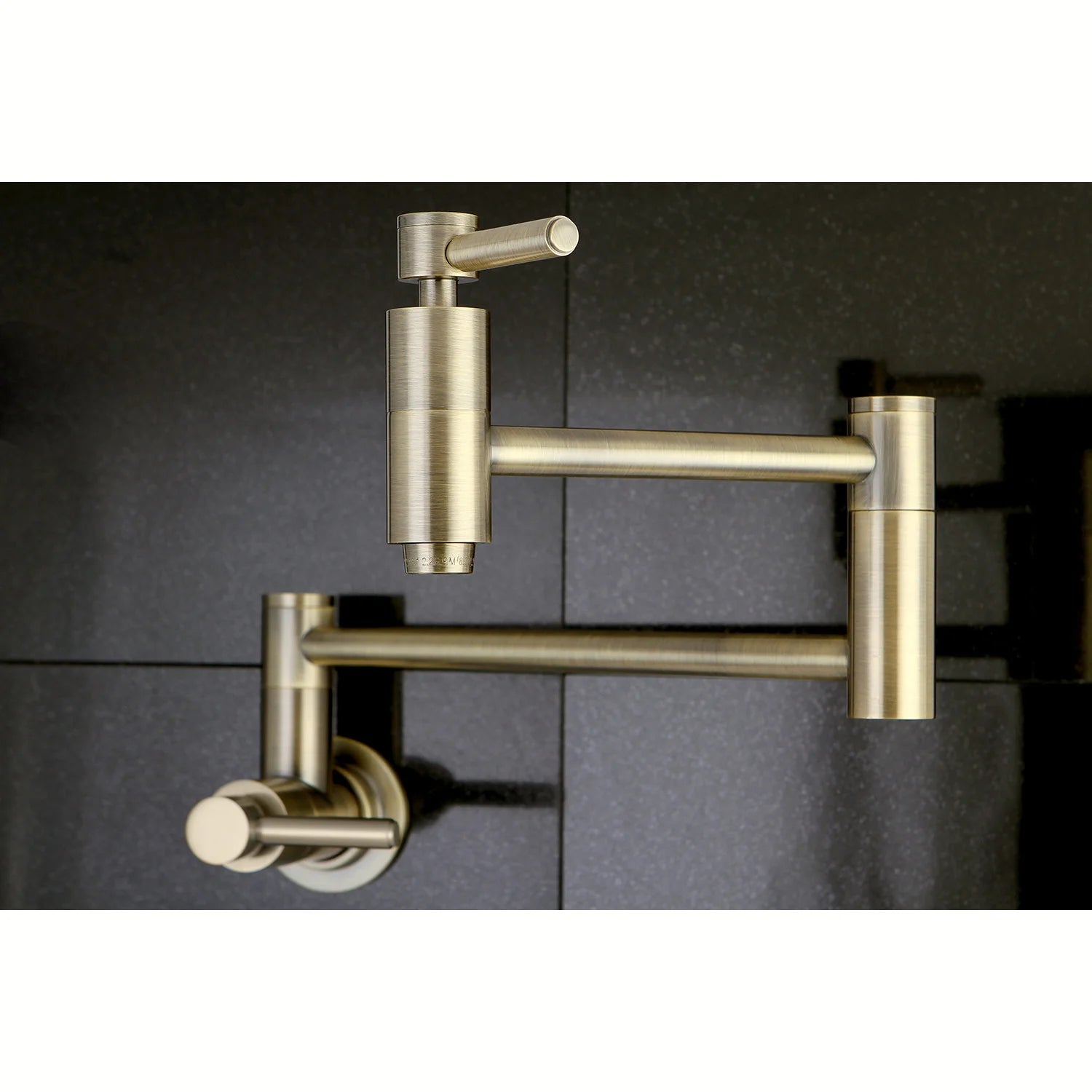 Antique brass wall-mount pot filler faucet with side handles and swivel spout