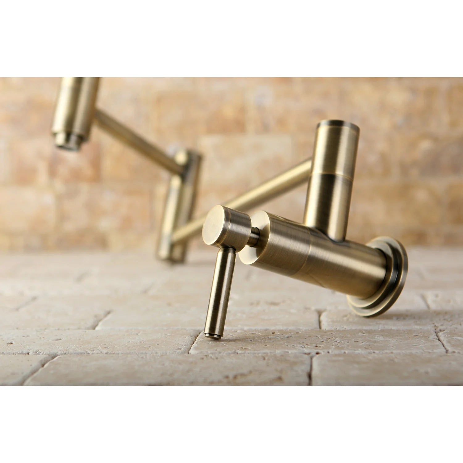 Antique brass wall pot filler faucet with angled spout and side control lever