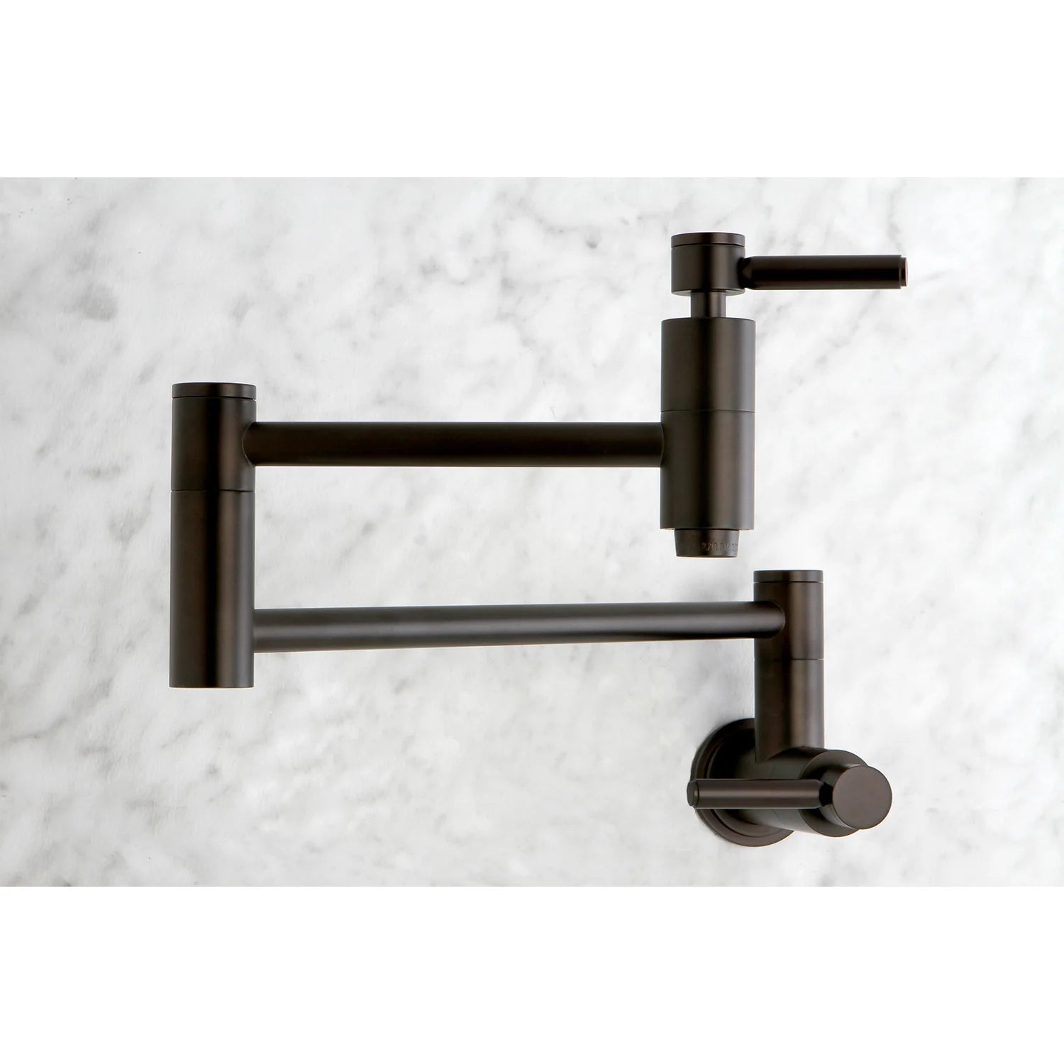 Oil-rubbed bronze wall-mount pot filler faucet with round wall valve and spout
