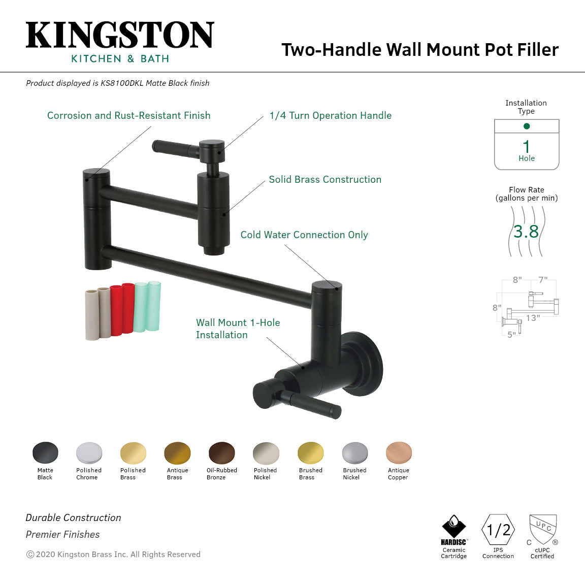 Kaiser Wall Mount Pot Filler Faucet in Antique Copper