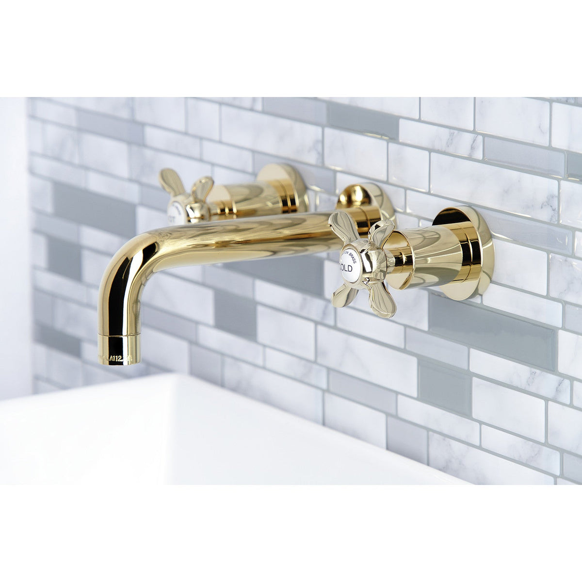 Essex Double-Handle Wall Mount Bathroom Faucet in Polished Brass