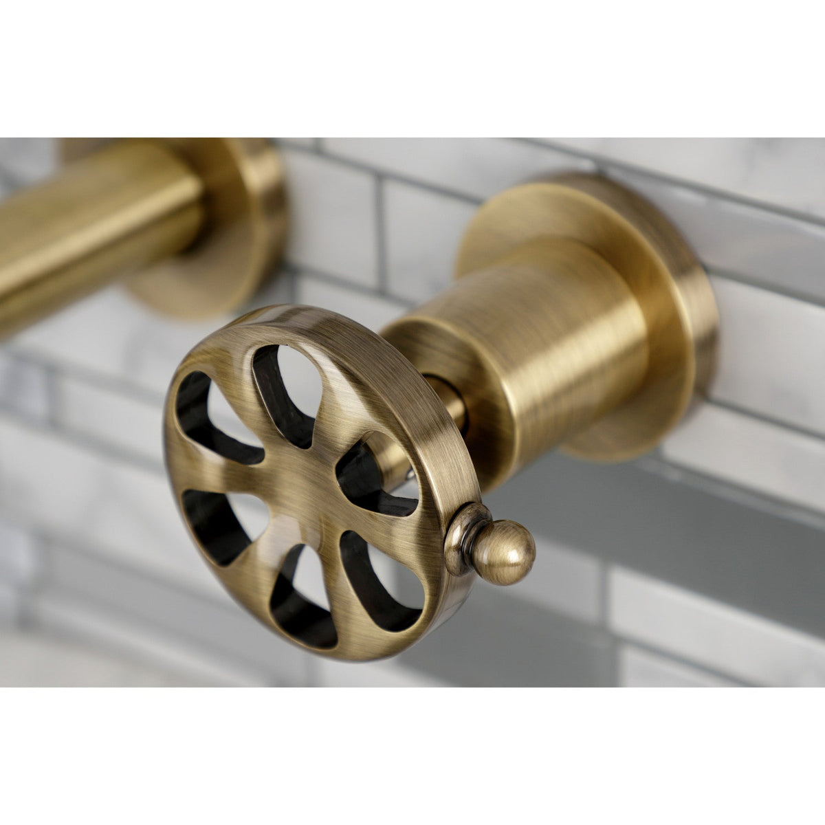 Belknap Double-Handle Wall Mount Bathroom Faucet in Antique Brass
