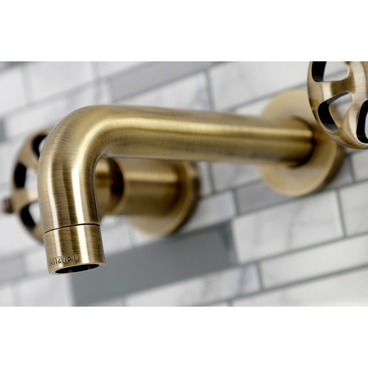 Belknap Double-Handle Wall Mount Bathroom Faucet in Antique Brass