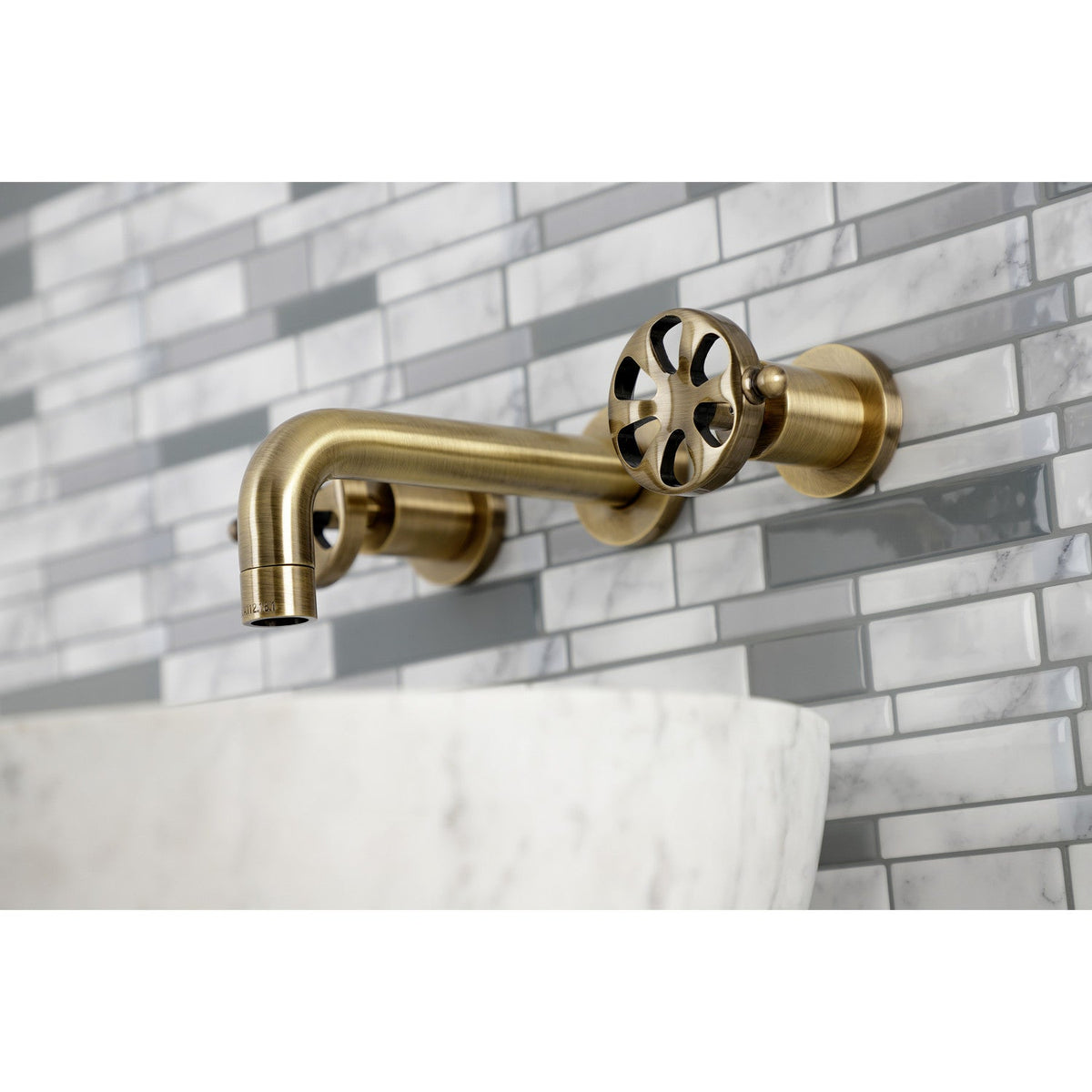 Belknap Double-Handle Wall Mount Bathroom Faucet in Antique Brass