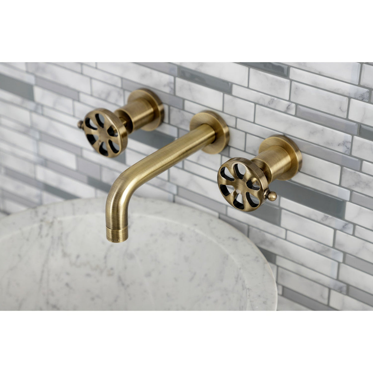 Belknap Double-Handle Wall Mount Bathroom Faucet in Antique Brass
