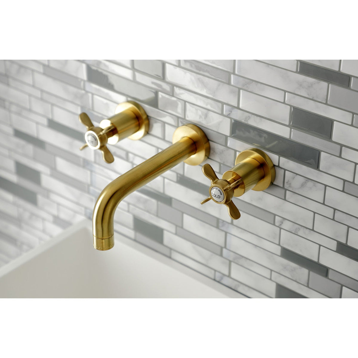Essex Double-Handle Wall Mount Bathroom Faucet in Brushed Brass