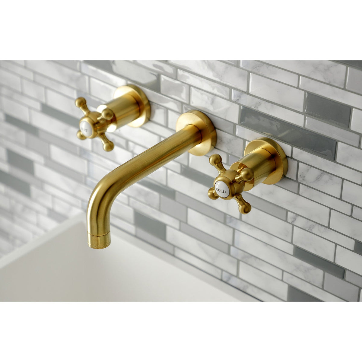 Metropolitan Double-Handle Wall Mount Bathroom Faucet in Brushed Brass