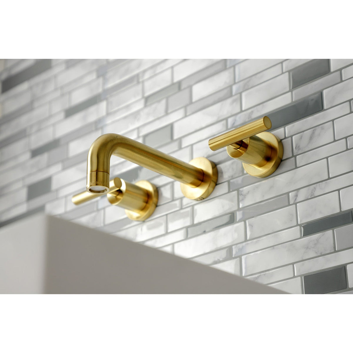 Manhattan Double-Handle Wall Mount Bathroom Faucet in Brushed Brass