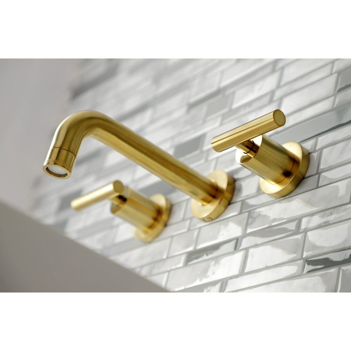Manhattan Double-Handle Wall Mount Bathroom Faucet in Brushed Brass