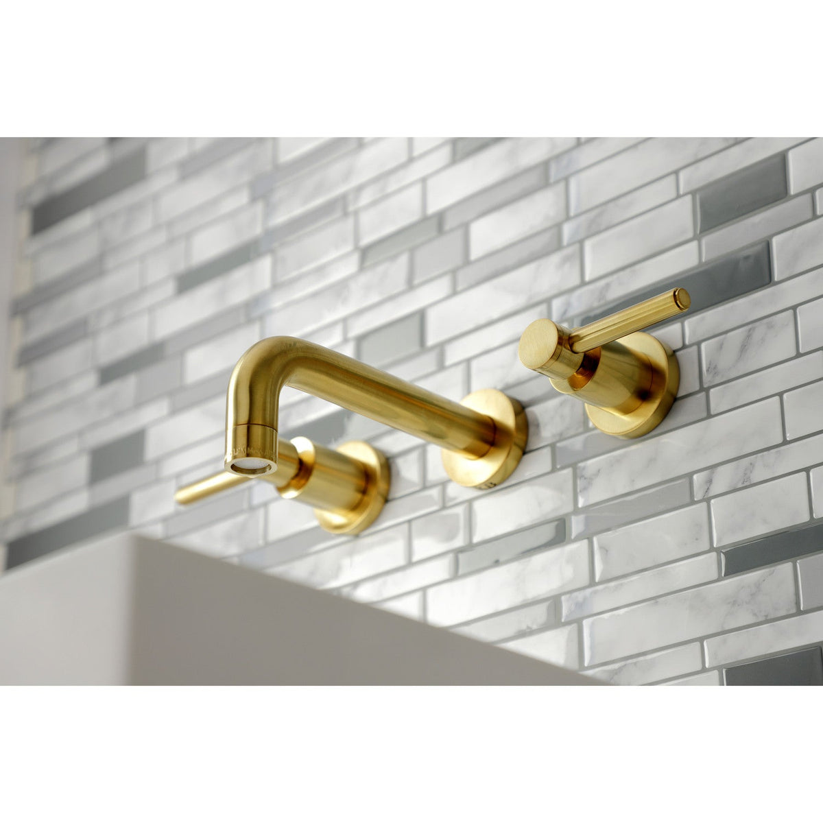 Concord Double-Handle Wall Mount Bathroom Faucet in Brushed Brass