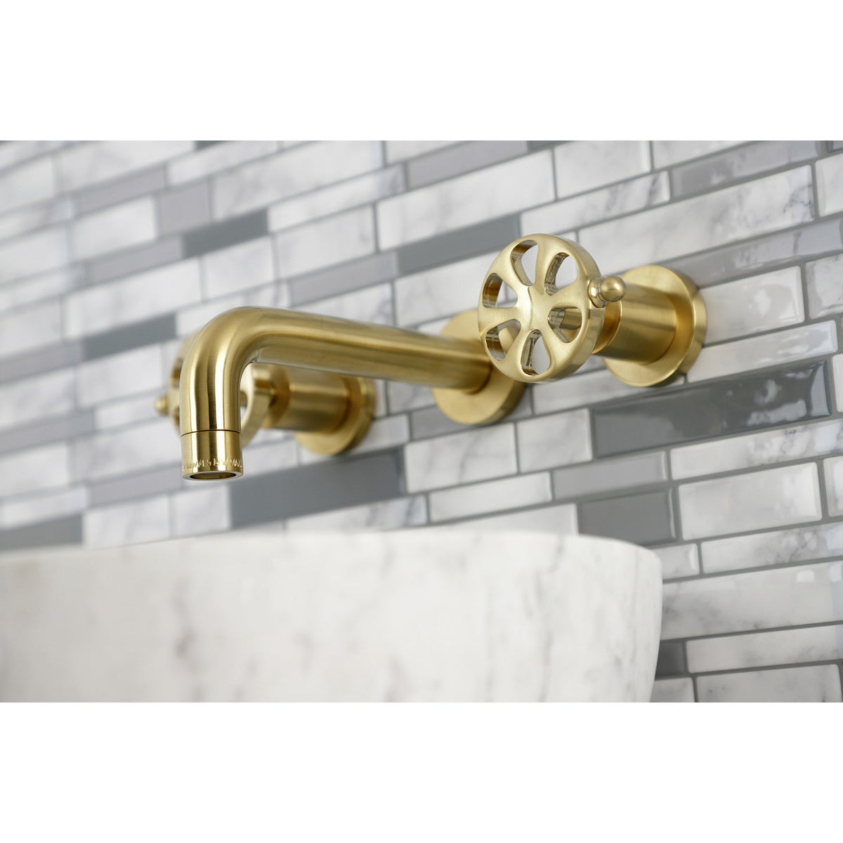 Belknap Double-Handle Wall Mount Bathroom Faucet in Brushed Brass