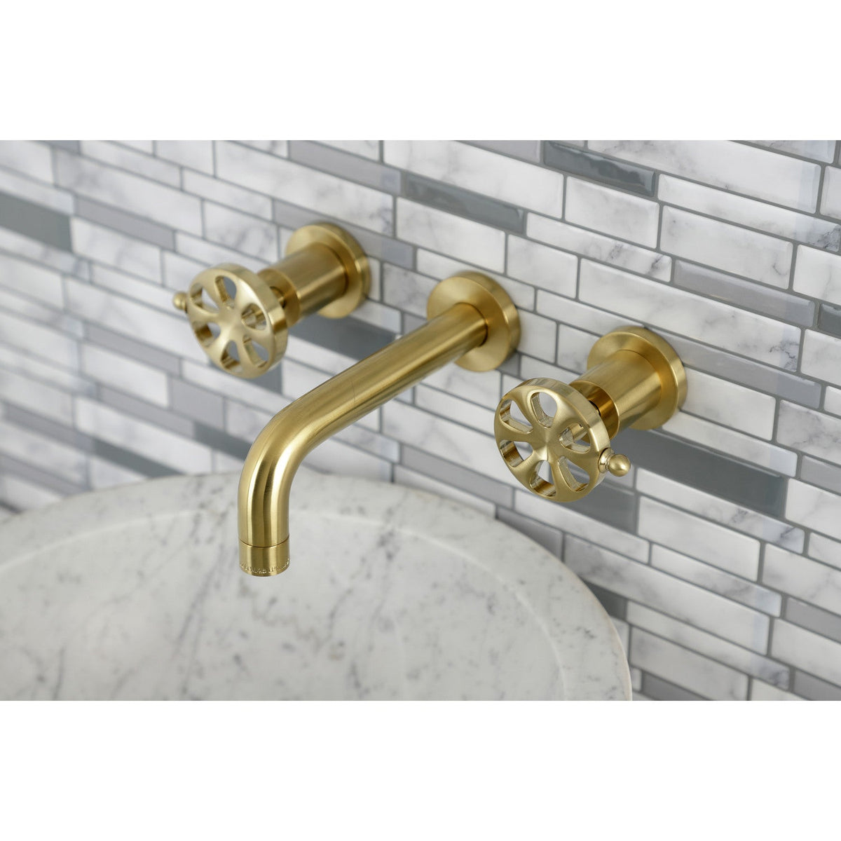 Belknap Double-Handle Wall Mount Bathroom Faucet in Brushed Brass