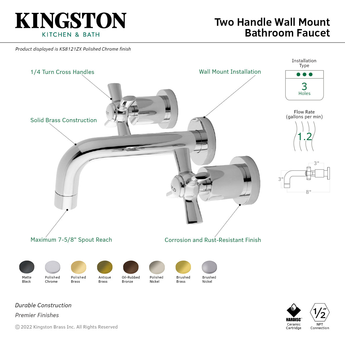 Millennium Double-Handle Wall Mount Bathroom Faucet in Brushed Brass