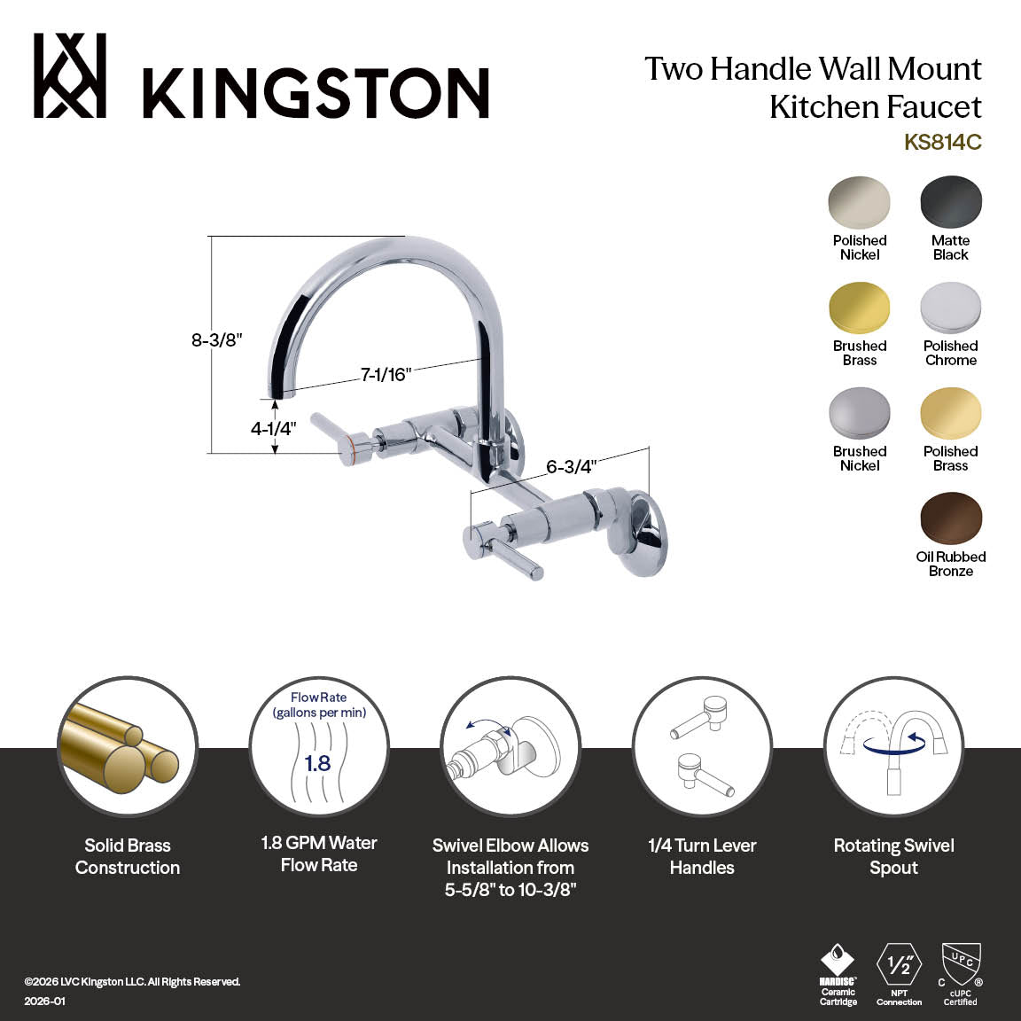 Concord Double-Handle Wall-Mount Bridge Kitchen Faucet in Polished Brass