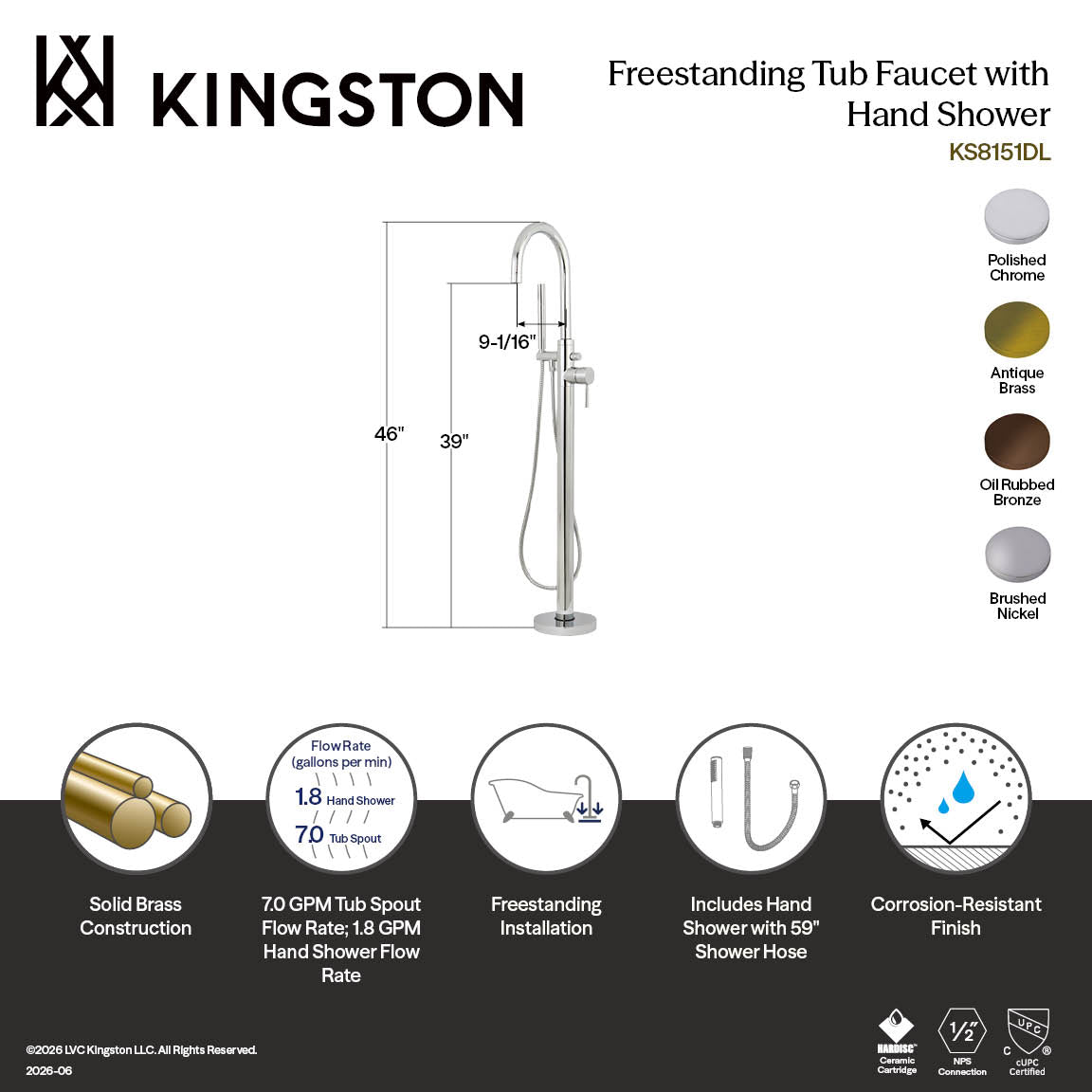 Concord Freestanding Tub Faucet with Hand Shower in Polished Chrome