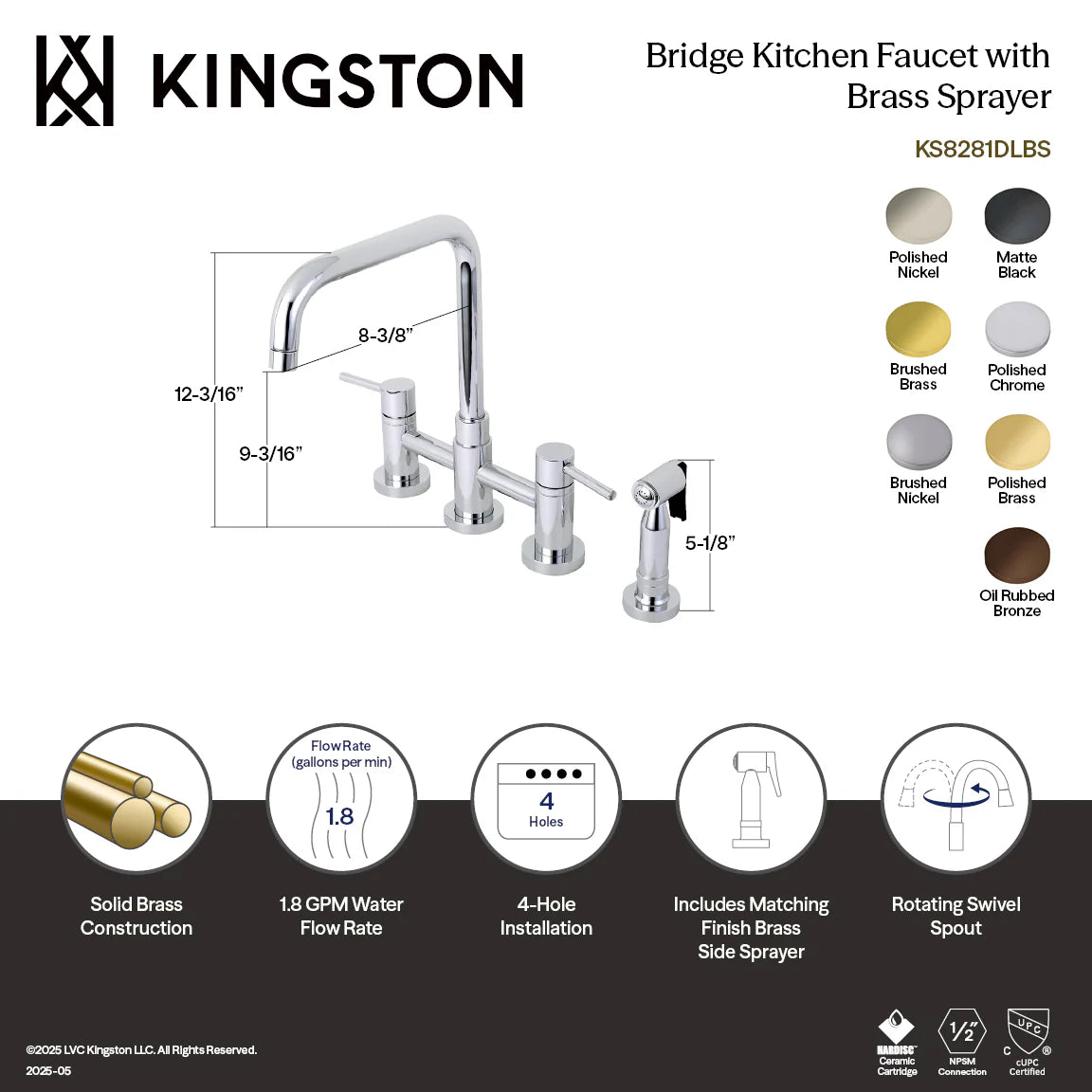 Polished chrome bridge kitchen faucet with side sprayer, 4-hole setup diagram