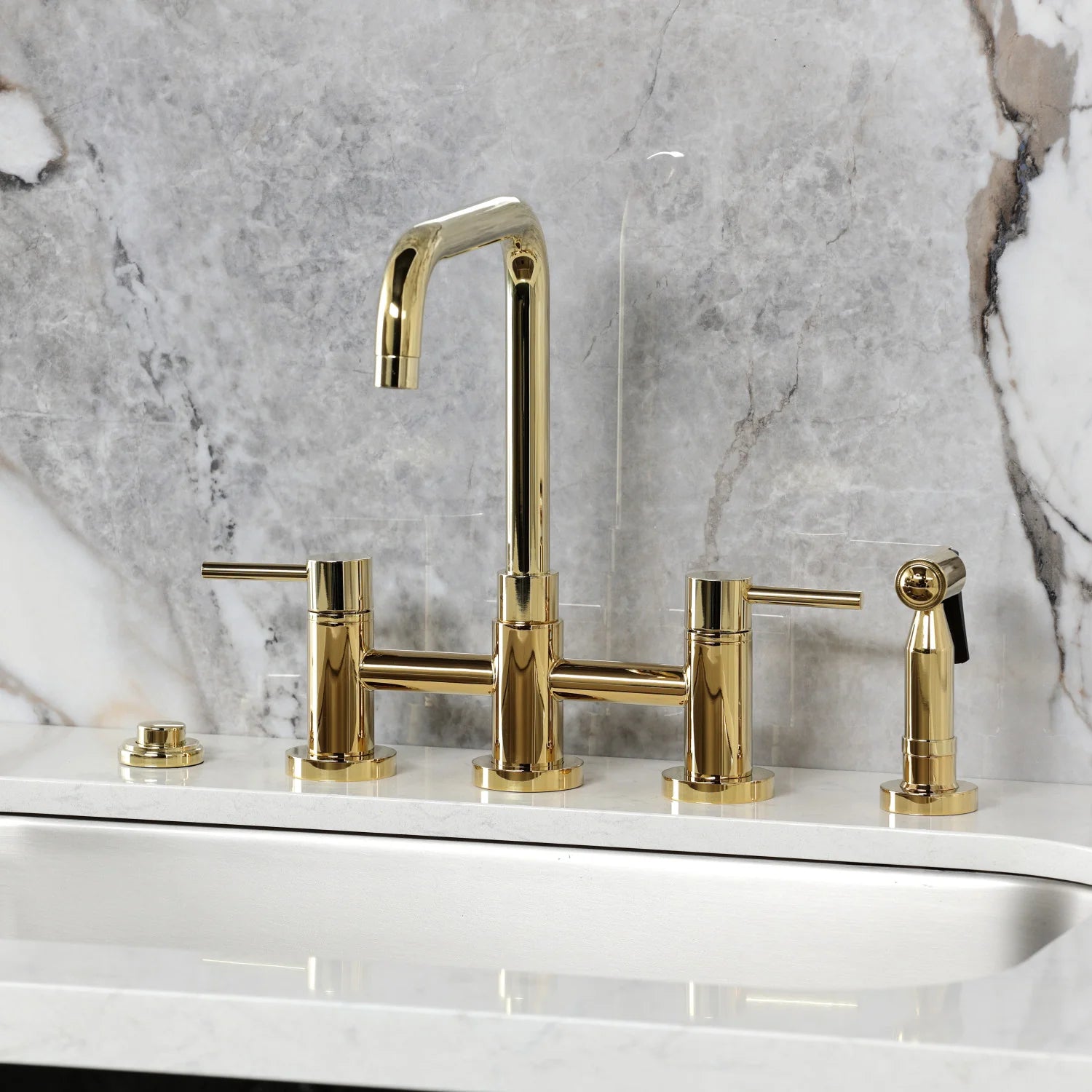 Polished brass bridge kitchen faucet set with side sprayer and four deck handles