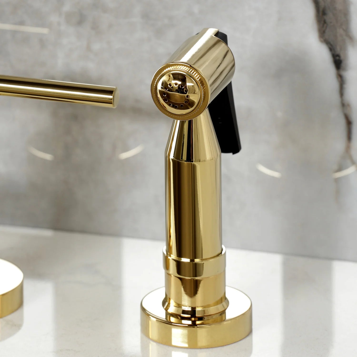 Brass side sprayer head with adjustable jet nozzle and polished metal handle