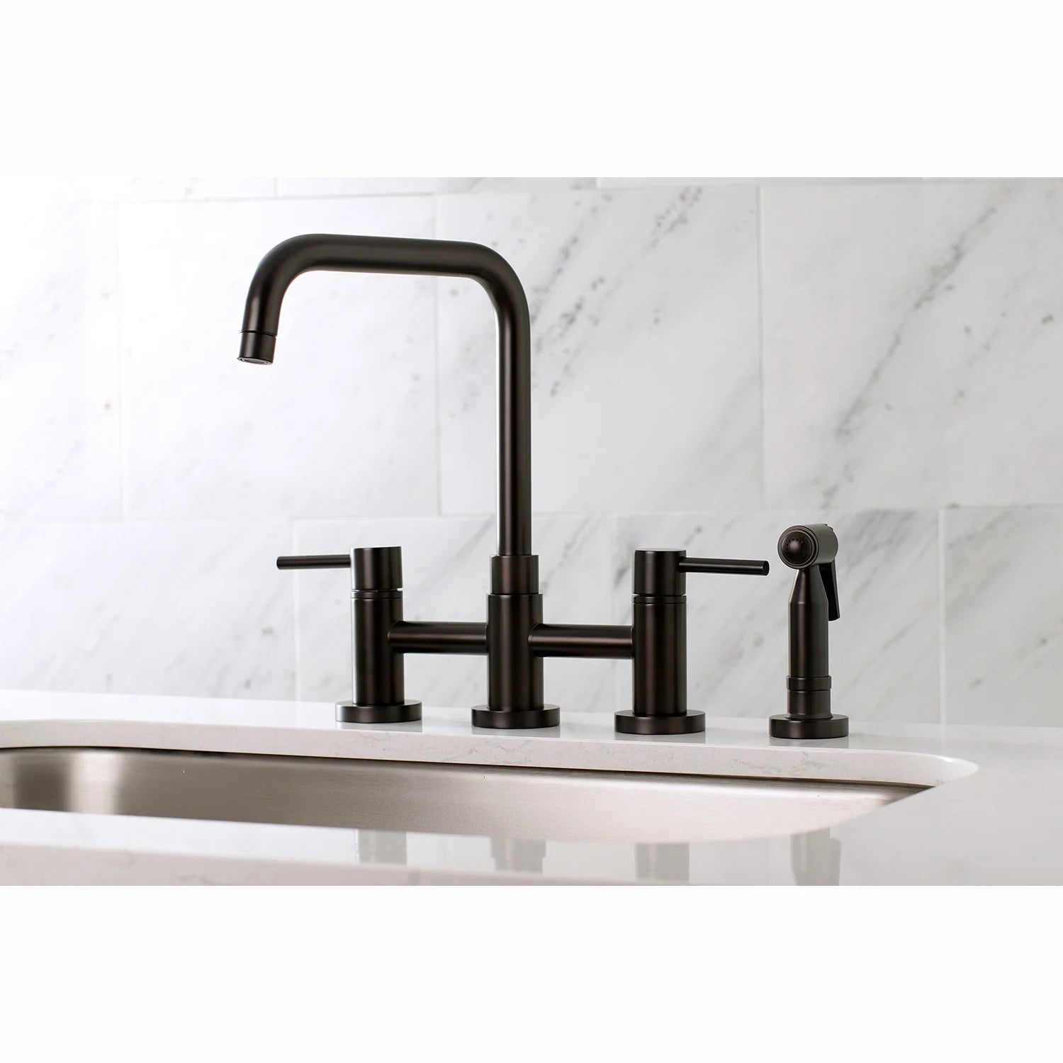 Oil-rubbed bronze kitchen bridge faucet set with curved spout and side sprayer