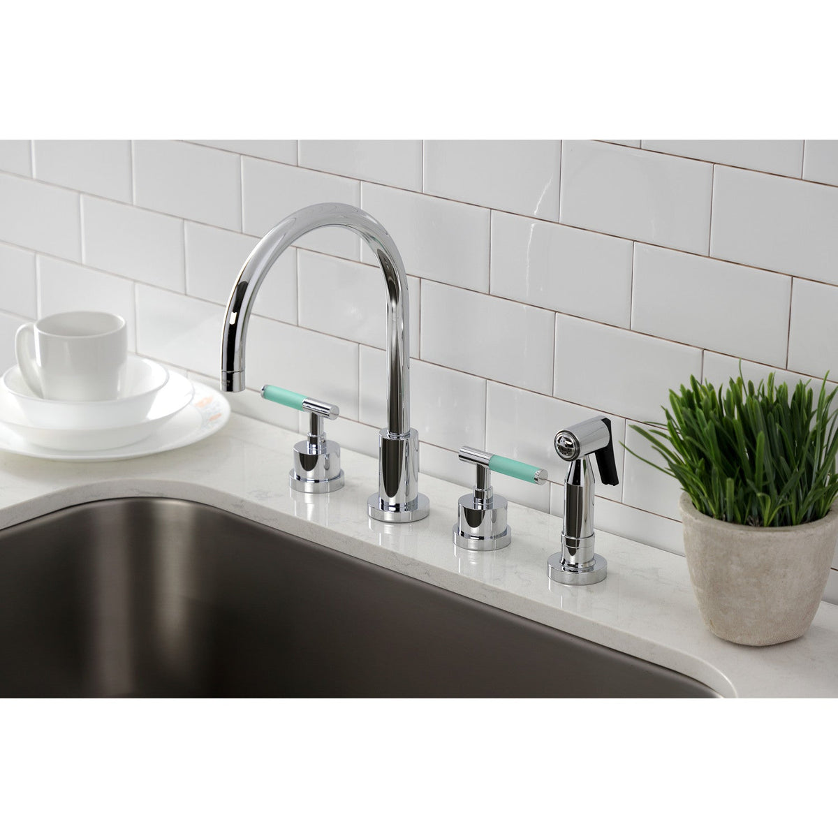 Kaiser Double-Handle Widespread Kitchen Faucet with Brass Sprayer in Polished Chrome