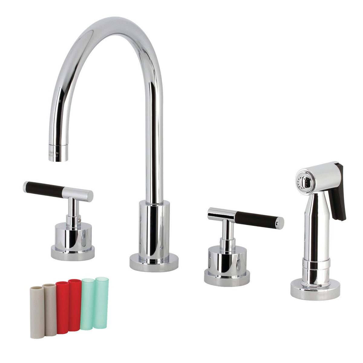 Kaiser Double-Handle Widespread Kitchen Faucet with Brass Sprayer in Polished Chrome