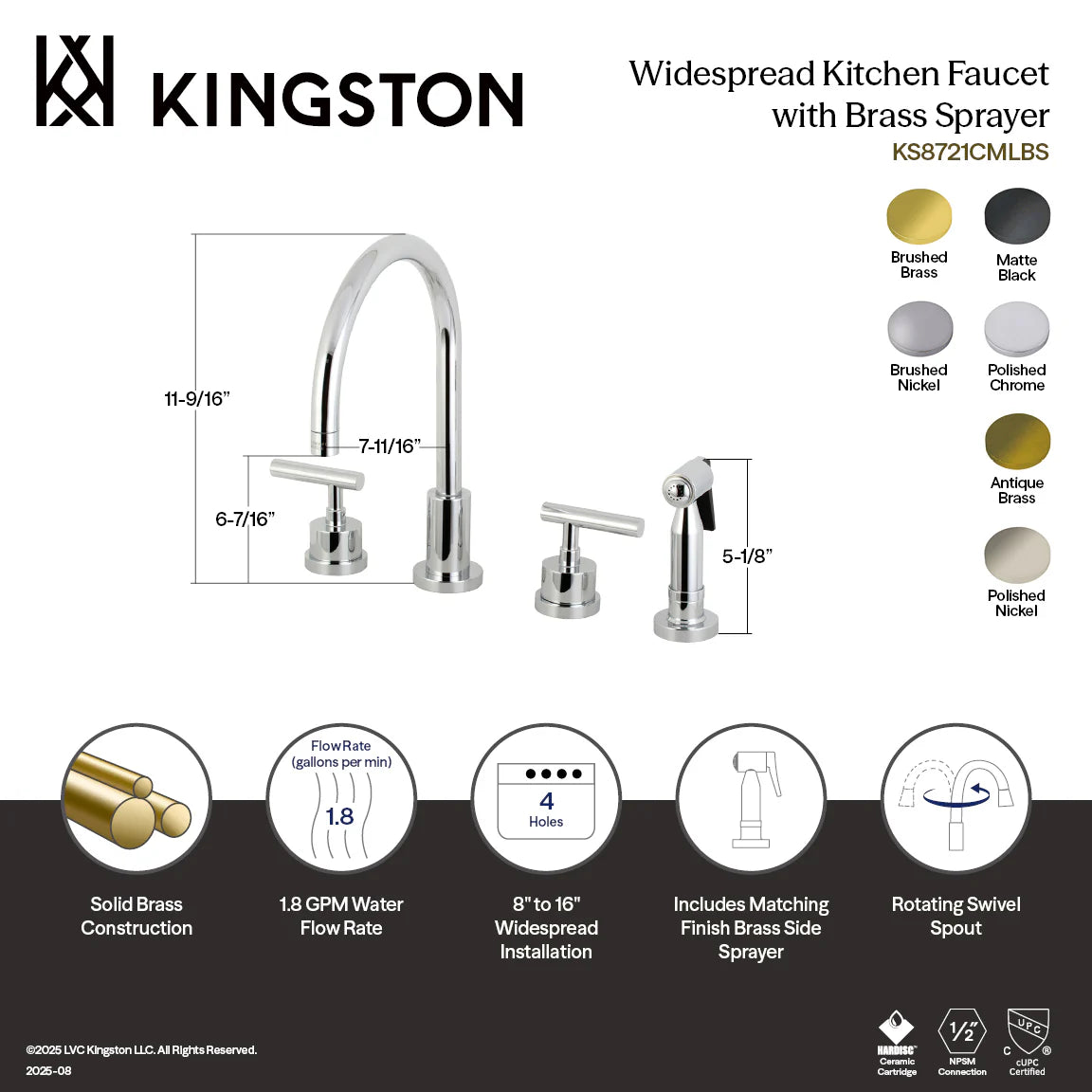 Widespread kitchen faucet with brass sprayer and two handles, brushed nickel finish