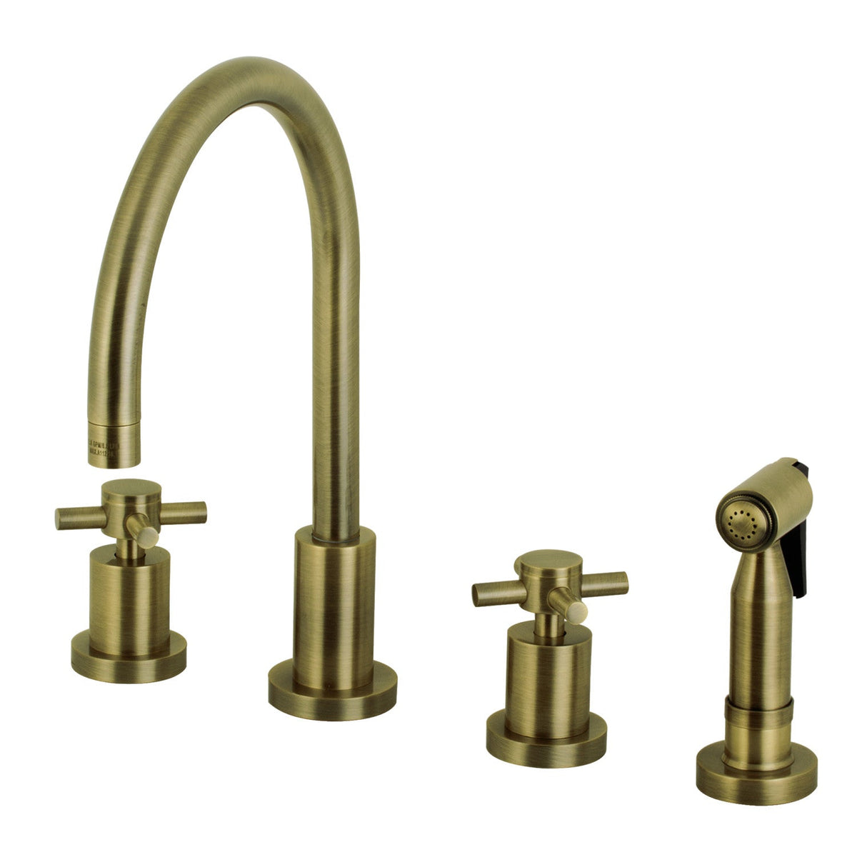 Concord Double-Handle Widespread Kitchen Faucet with Brass Sprayer in Antique Brass