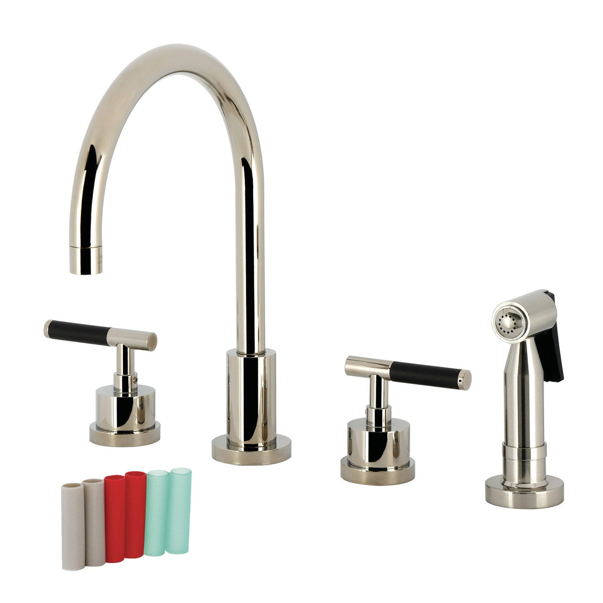 Kaiser Double-Handle Widespread Kitchen Faucet with Brass Sprayer in Polished Nickel