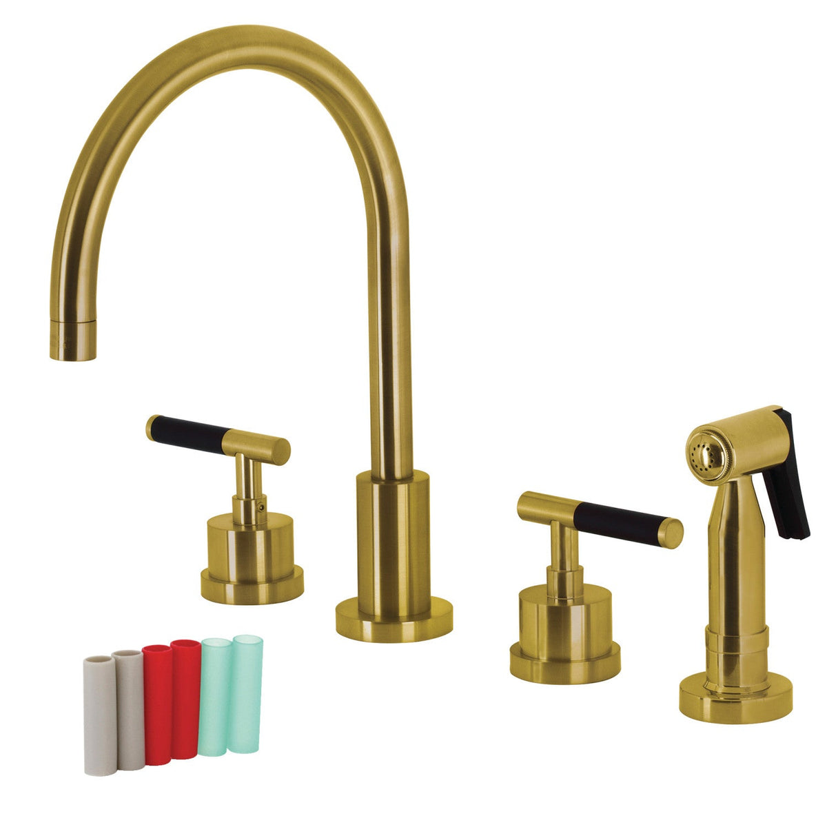 Kaiser Double-Handle Widespread Kitchen Faucet with Brass Sprayer in Brushed Brass