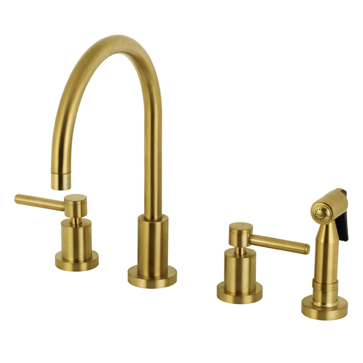 Concord Double-Handle Widespread Kitchen Faucet with Brass Sprayer in Brushed Brass