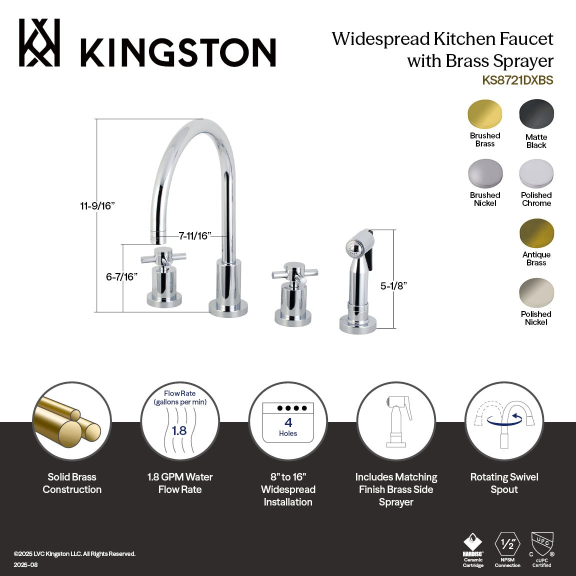 Concord Double-Handle Widespread Kitchen Faucet with Brass Sprayer in Brushed Brass