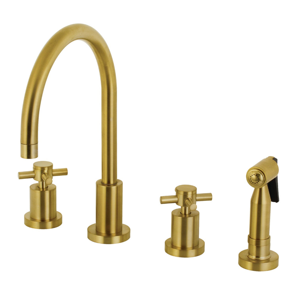 Concord Double-Handle Widespread Kitchen Faucet with Brass Sprayer in Brushed Brass