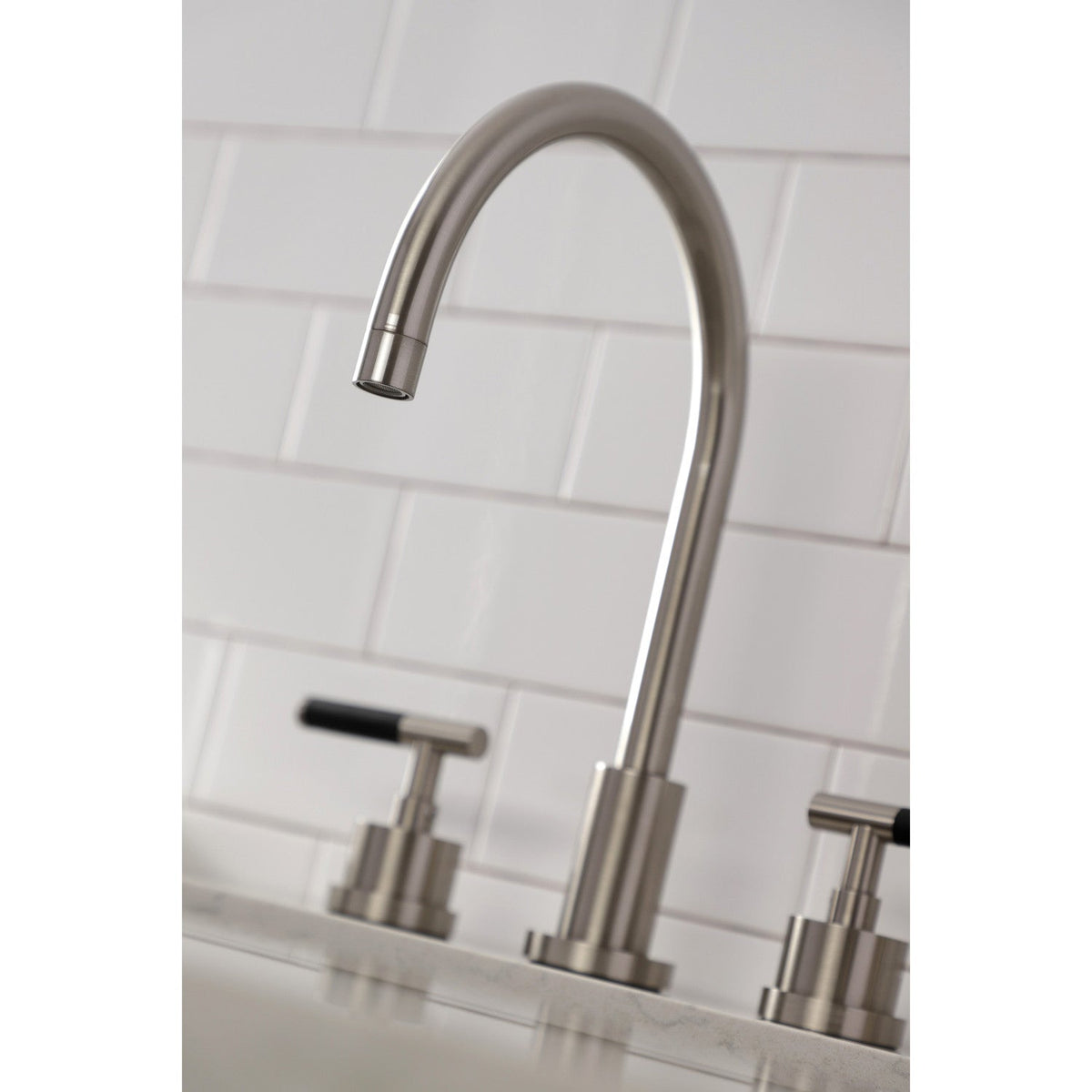 Kaiser Double-Handle Widespread Kitchen Faucet with Brass Sprayer in Brushed Nickel