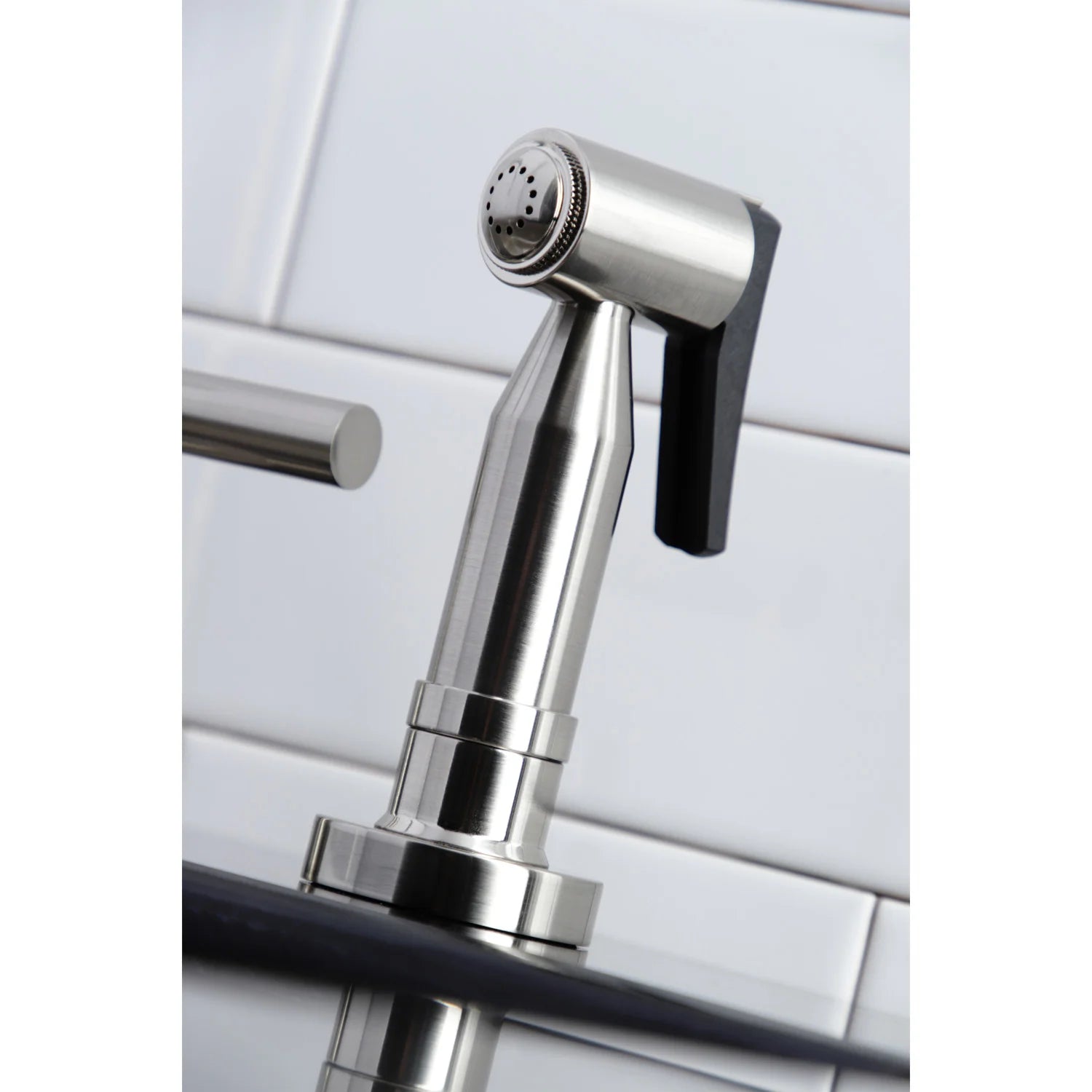 Brass sprayer with spray head on brushed nickel widespread kitchen faucet