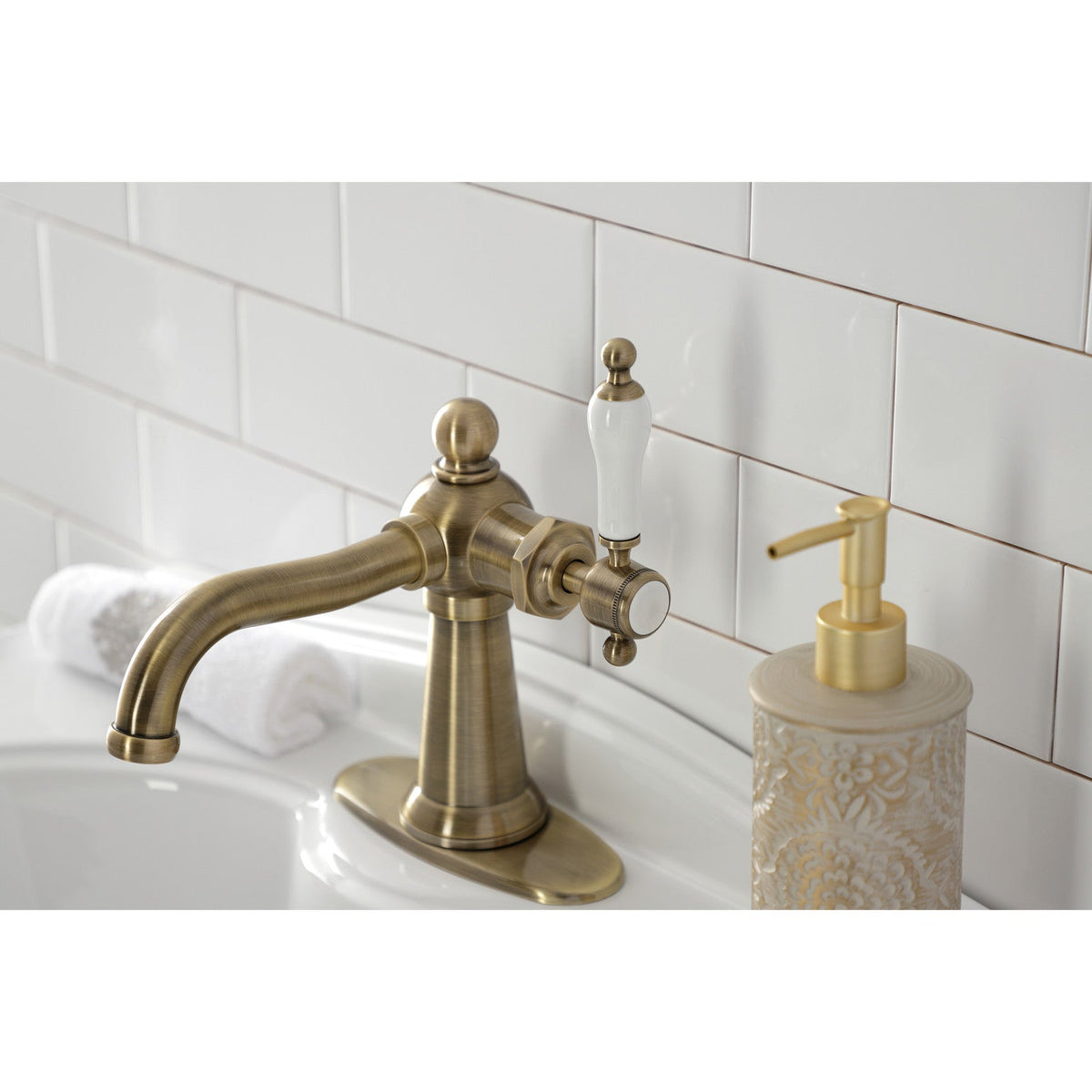 Nautical One-Handle Single-Hole Bathroom Faucet with Deck Plate and Push Pop-Up Drain in Antique Brass