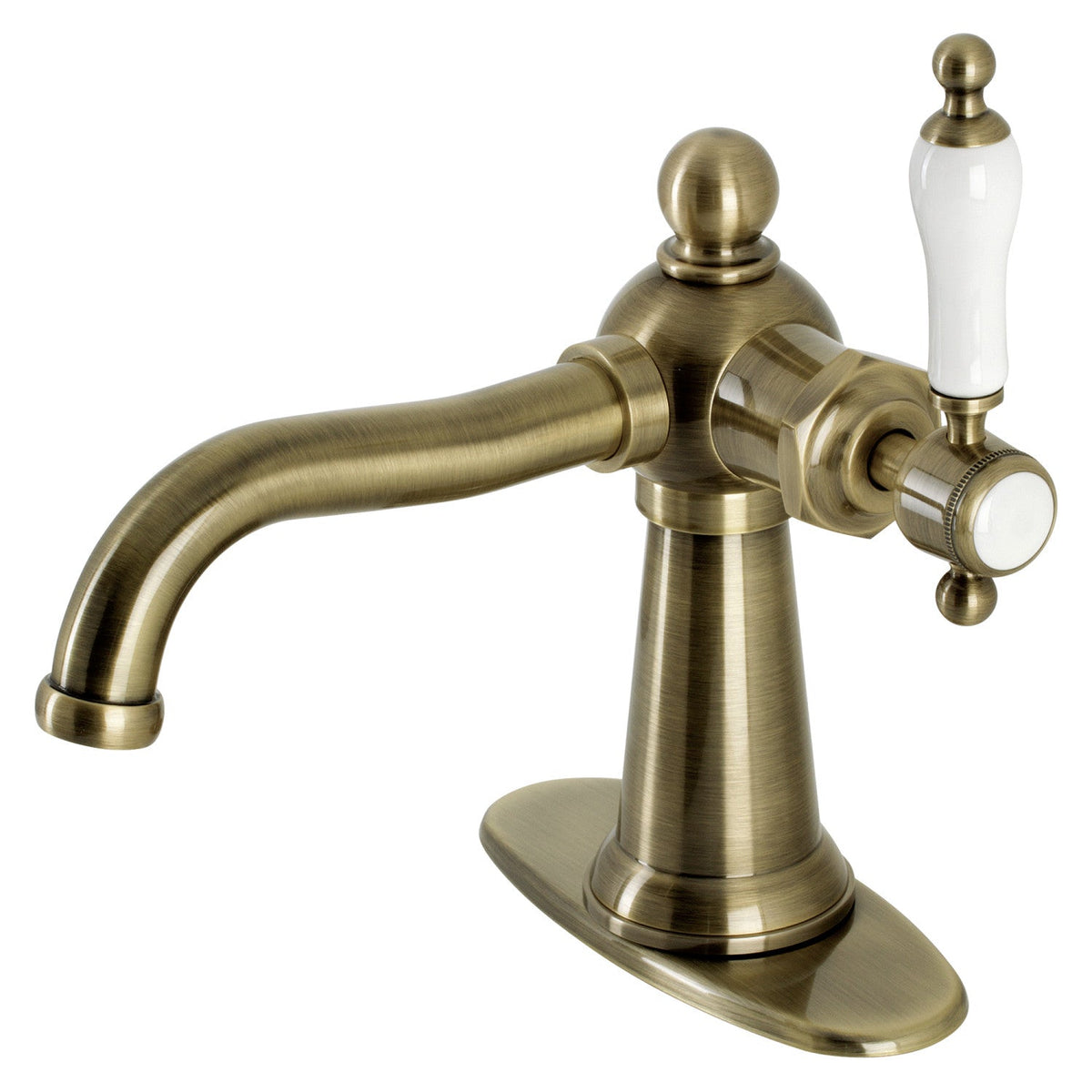 Nautical One-Handle Single-Hole Bathroom Faucet with Deck Plate and Push Pop-Up Drain in Antique Brass