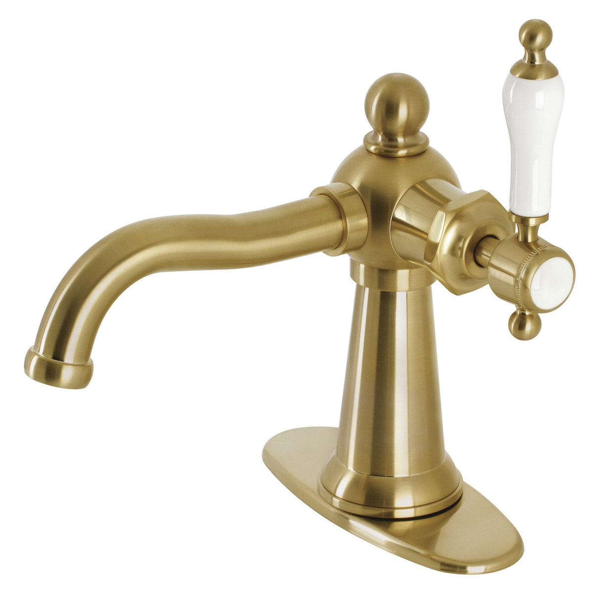 Nautical One-Handle Single-Hole Bathroom Faucet with Deck Plate and Push Pop-Up Drain in Brushed Brass