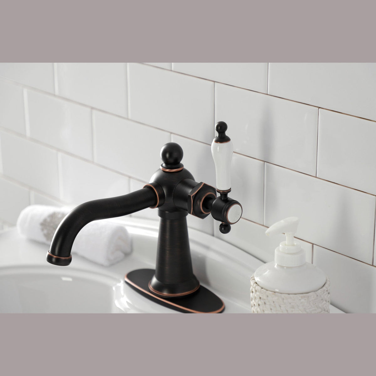 Nautical One-Handle Single-Hole Bathroom Faucet with Deck Plate and Push Pop-Up Drain in Naples Bronze