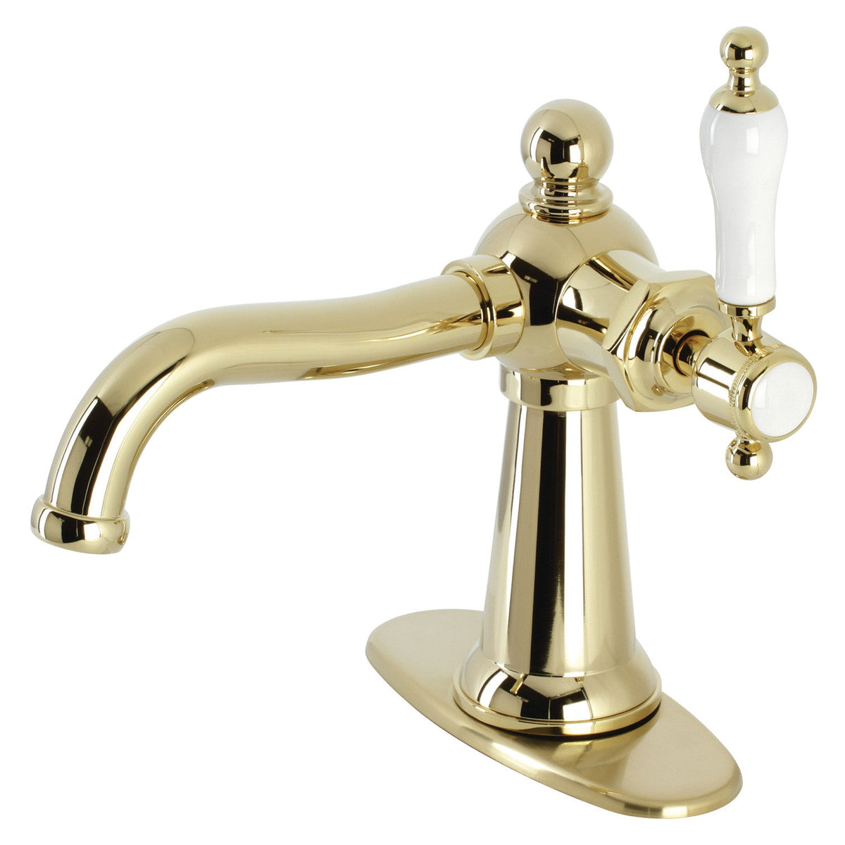 Nautical One-Handle Single-Hole Bathroom Faucet with Deck Plate and Push Pop-Up Drain in Polished Brass