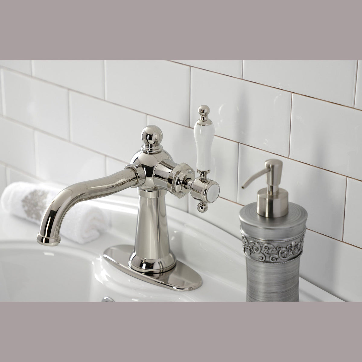 Nautical One-Handle Single-Hole Bathroom Faucet with Deck Plate and Push Pop-Up Drain in Polished Nickel