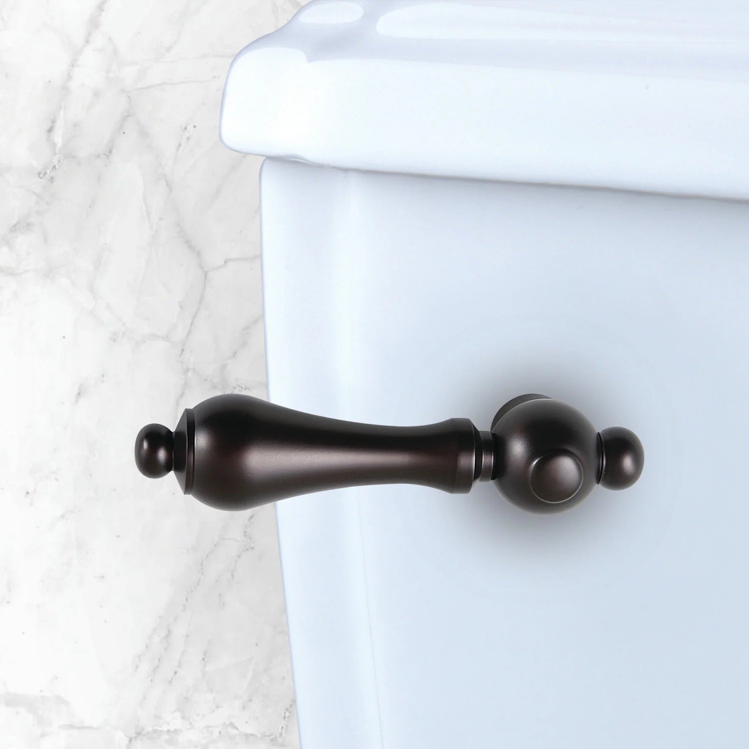 Oil-rubbed bronze toilet tank lever with round knobs and front mount bracket