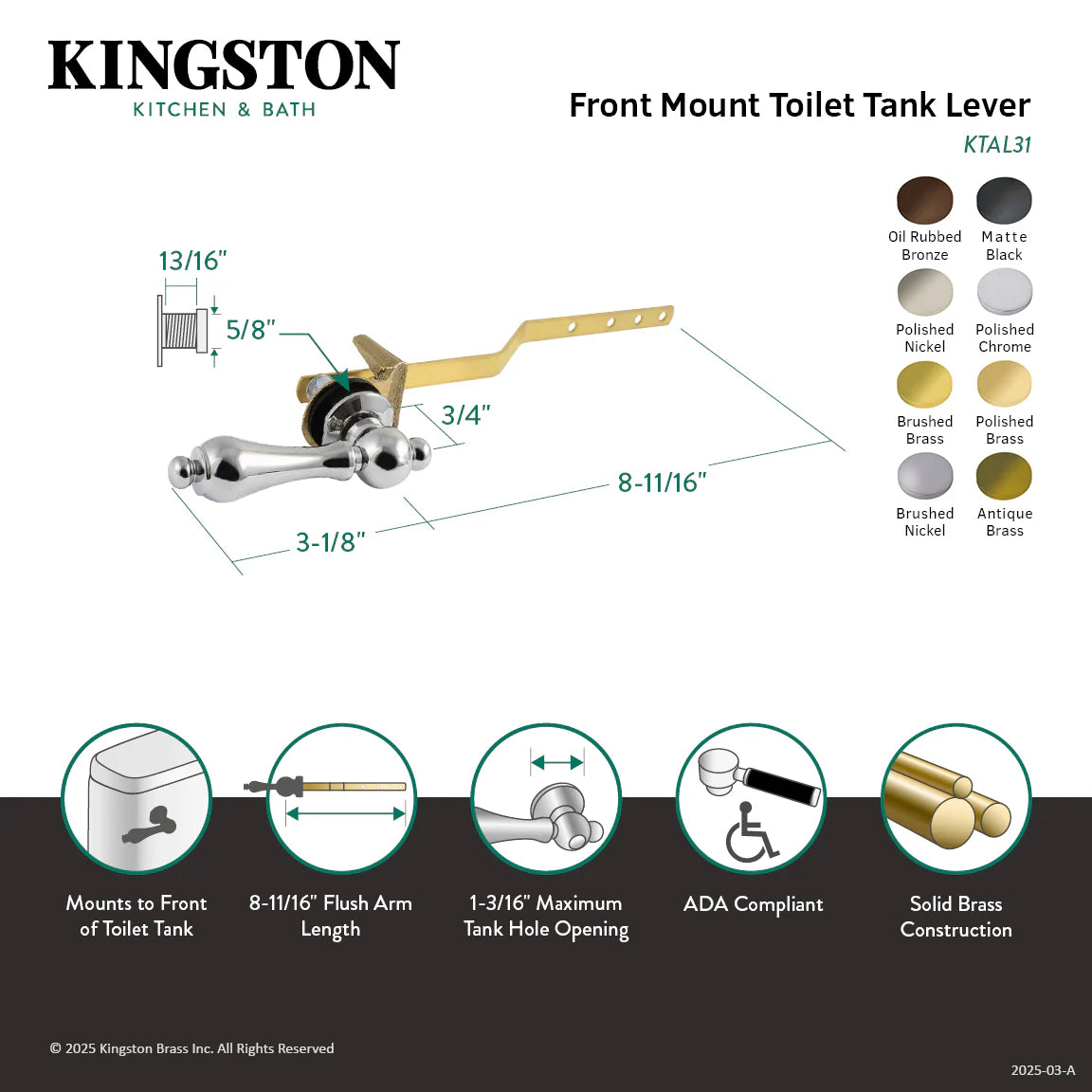 Front mount toilet tank lever diagram with measurements and finish options in chrome
