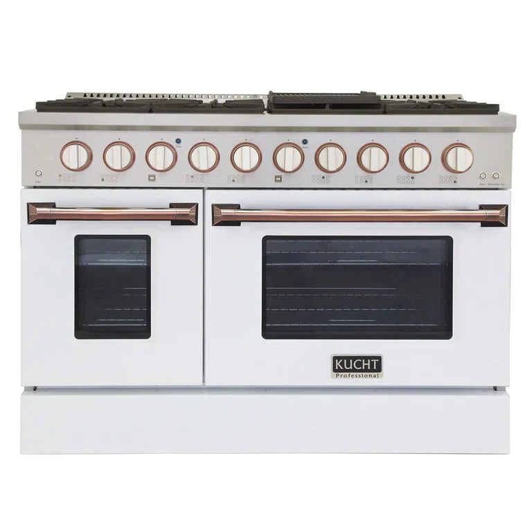 White propane gas range with two oven windows, rose gold bar handles, front control knobs